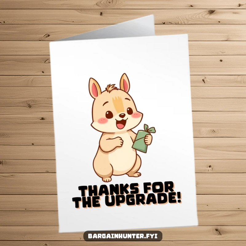 Funny Free Printable Thank You Card: A happy squirrel exchanging a small item for a greater one gratefully.