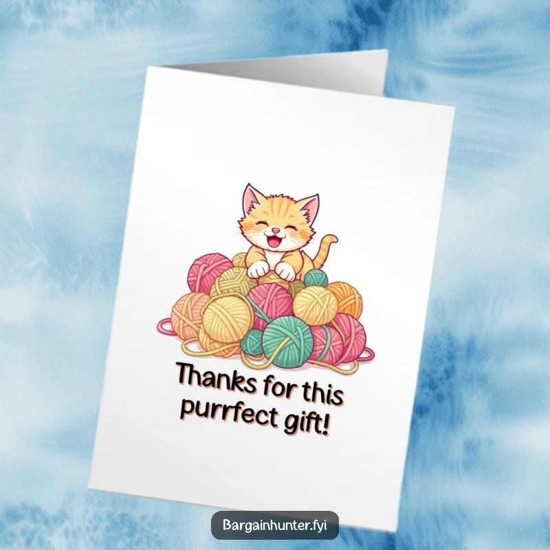 Funny Free Printable Thank You Card: Kittengleefully attacks a large pile of discounted yarn balls.