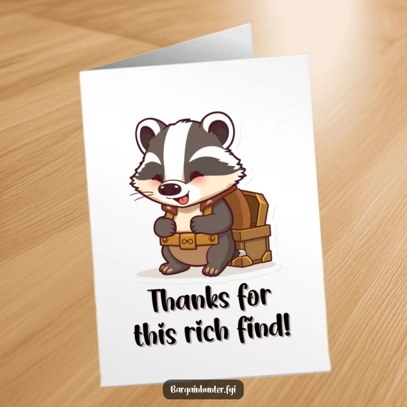 Funny Free Printable Thank You Card: Curious badger with backpack excitedly peeks into a treasure chest.