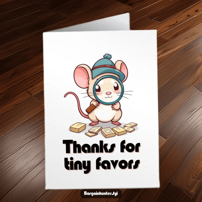 Funny Free Printable Thank You Card: A mouse wearing a tiny hat diligently searches for deals with a magnifying glass.