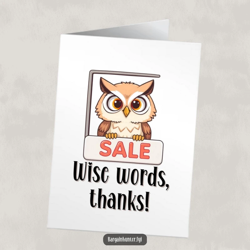 Funny Free Printable Thank You Card with a curious owl peeking into a sale ad, expressing thanks.