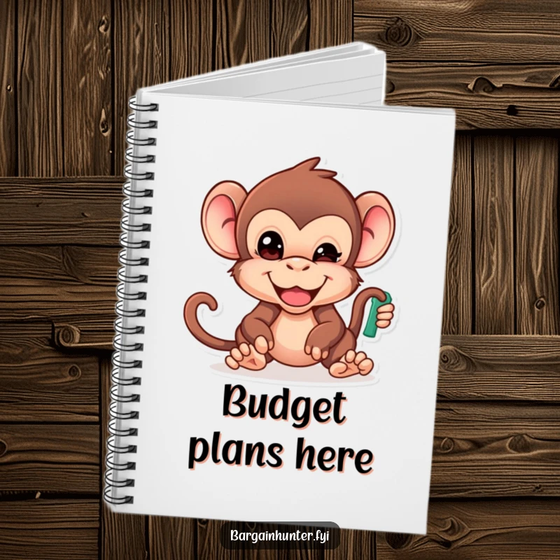Funny Monkey Notebook: Cheeky primate with determined face reaching for the lowest priced item, perfect for notes and doodles.