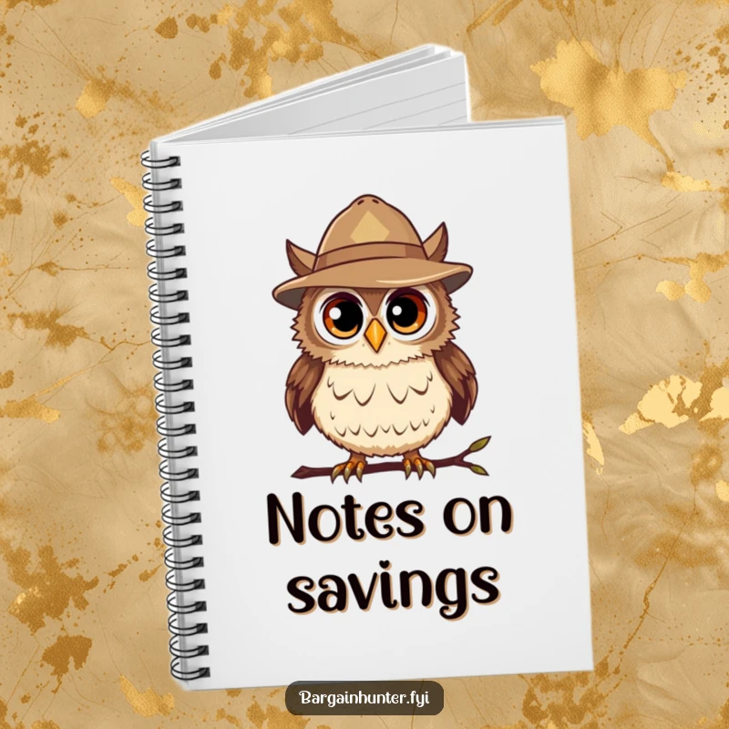 Funny Bargain Hunter Owl Notebook featuring a curious owl in a hat, ideal for jotting down smart ideas and deals.
