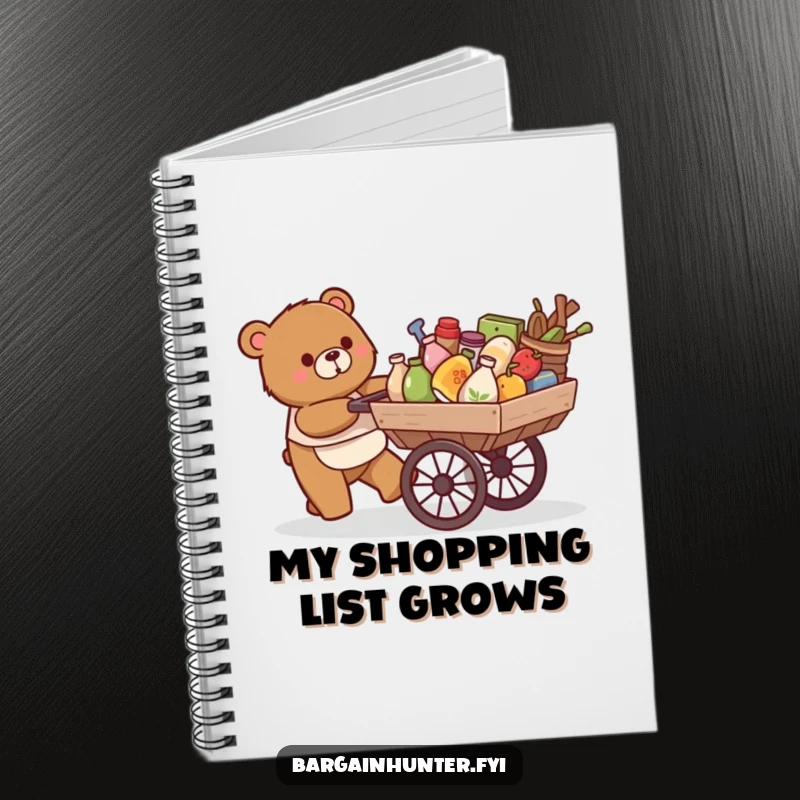Funny notebook: a happy bear pushes a cart overflowing with goods, ready for notes.