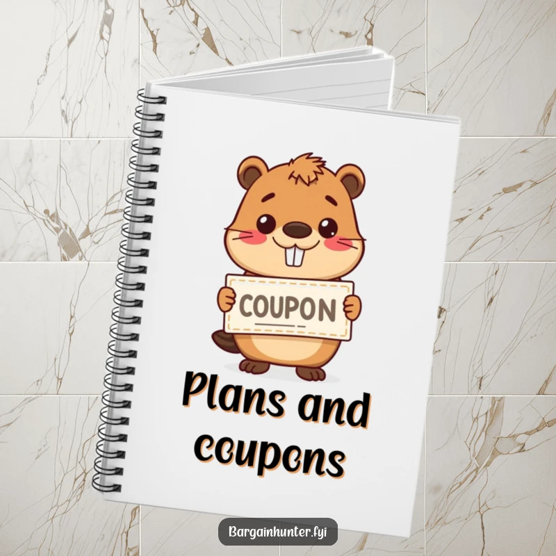 Funny happy beaver holding a coupon with a grin on a notebook cover, ideal for humorous journaling and note-taking.