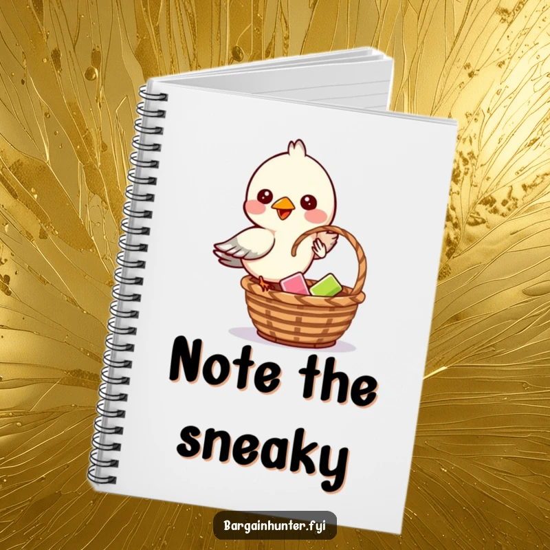 Funny notebook cover of a mischievous bird dropping an item into a basket.
