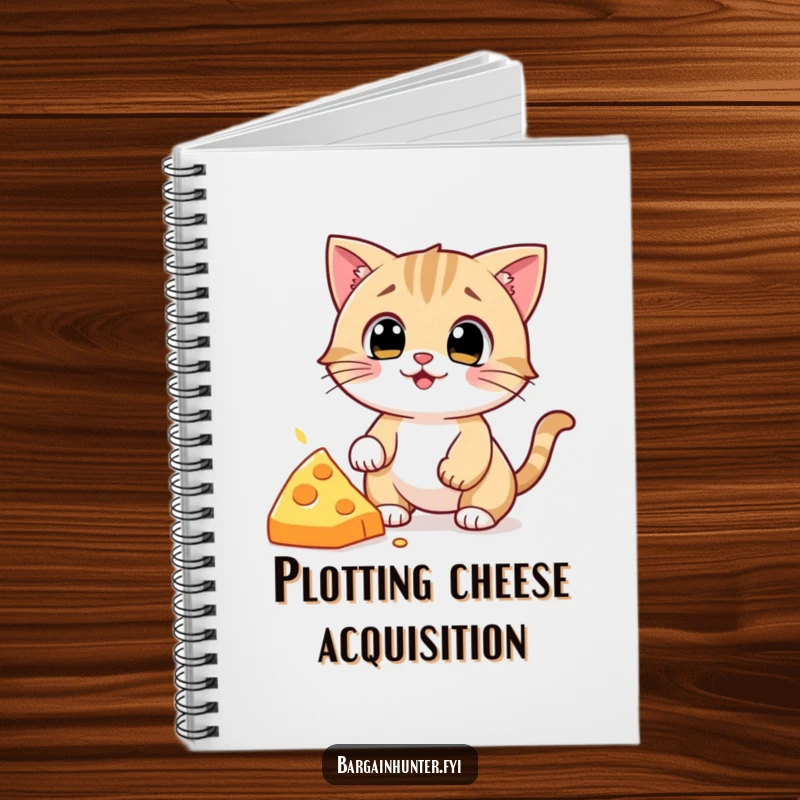Funny Cat Notebook: Lined journal showcasing a comical cat character with wide eyes eagerly trying to grab a piece of cheese.