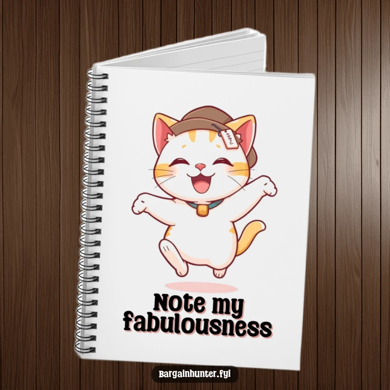 Funny notebook cover featuring a delighted cat with a price tag hat, in a funny leaping motion.