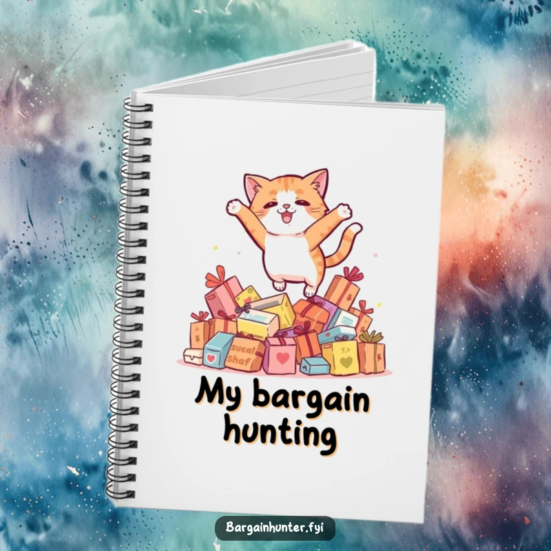 Funny cat leaping over sale items, inspiring notes on shopping, deals, and feline antics.