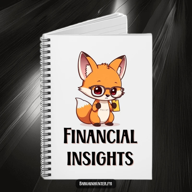 Funny curious fox notebook with spectacles, intensely focused on a price tag, ideal for jotting down sharp ideas.
