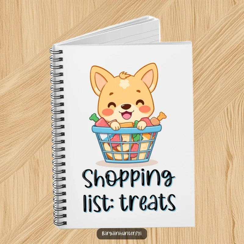 Funny notebook cover of a smiling dog with a shopping basket overflowing with dog treats.