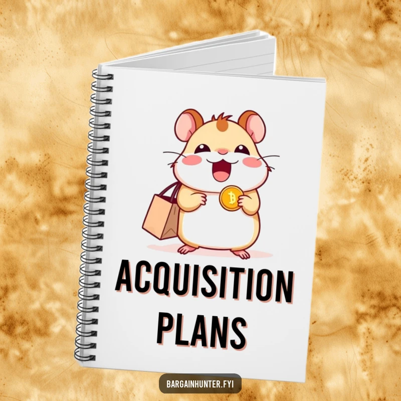 Funny excited hamster notebook with a shopping bag and coin, ideal for jotting down shopping lists and bright ideas.