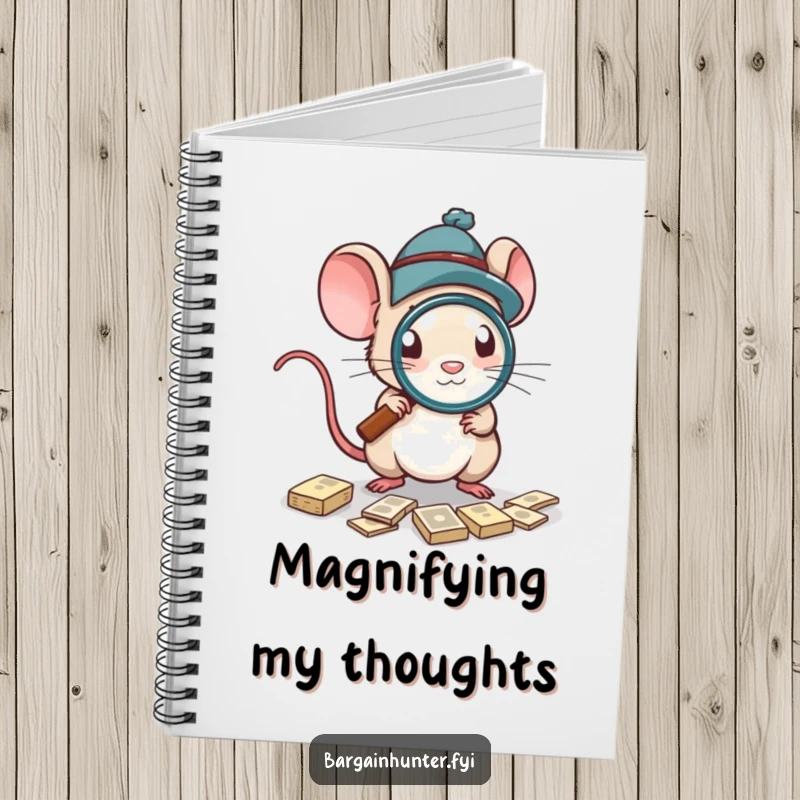 Funny Notebook featuring a mouse hunting for deals with a magnifying glass, for planning and note-taking.