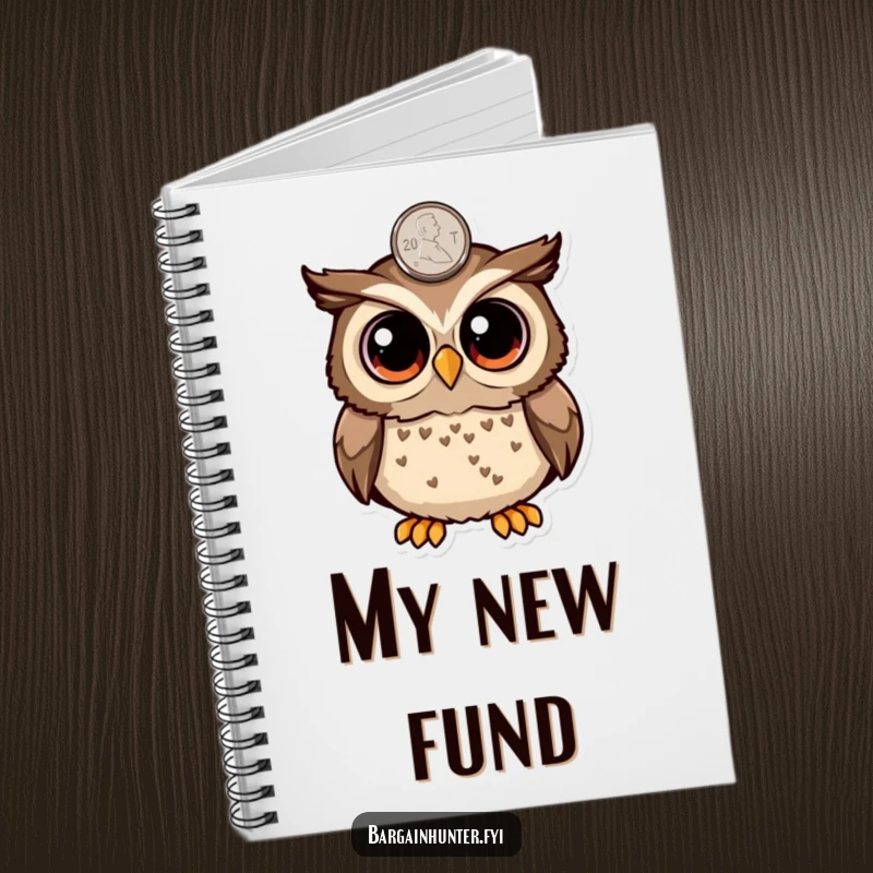 Funny surprised owl with big eyes finding a penny on a notebook, ideal for writing notes or journal entries with a lucky theme.