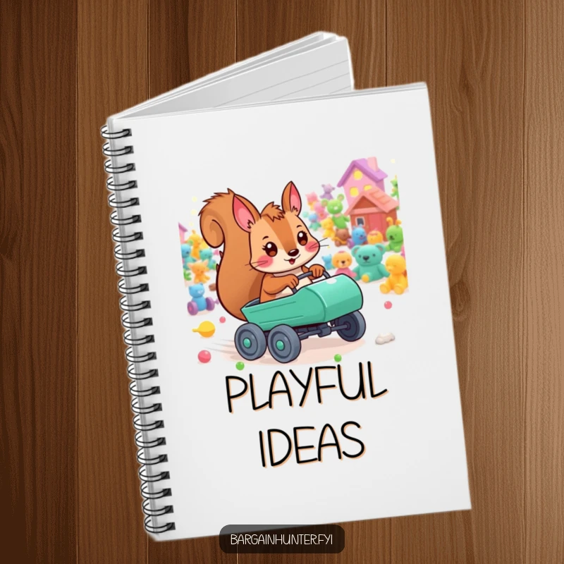 Funny playful squirrel notebook with a tiny cart, racing through toys, ideal for jotting down playful ideas.