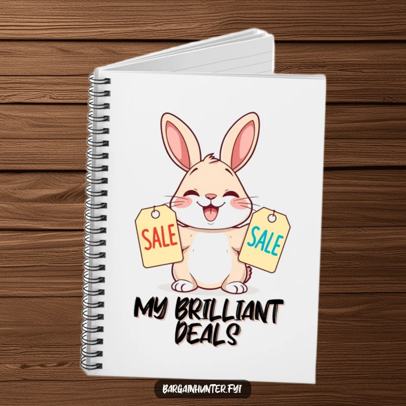 Funny Notebook featuring a rabbit comparing sale tags, dedicated to planning shopping trips and saving opportunities.