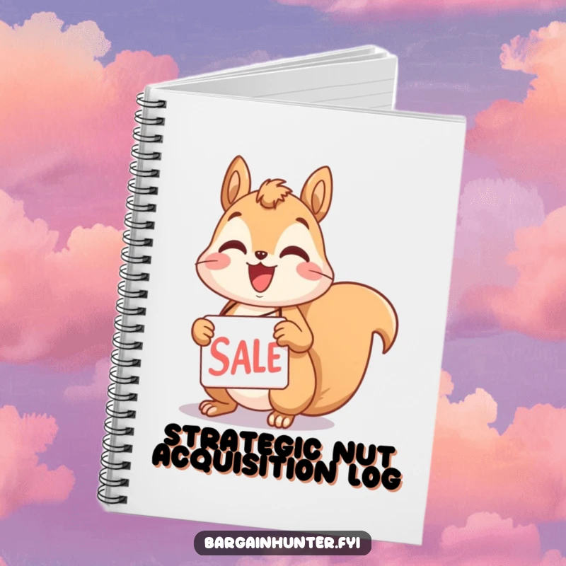 Funny squirrel notebook with a delighted character holding a sale tag, perfect for jotting down notes and shopping plans.