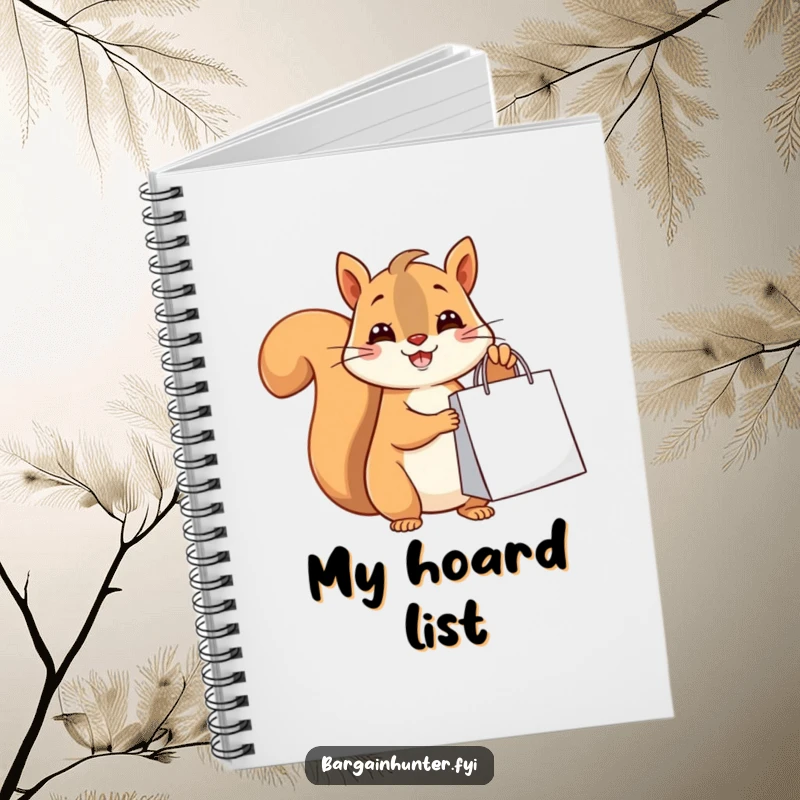 Funny happy squirrel holding a shopping bag, a humorous and practical notebook.