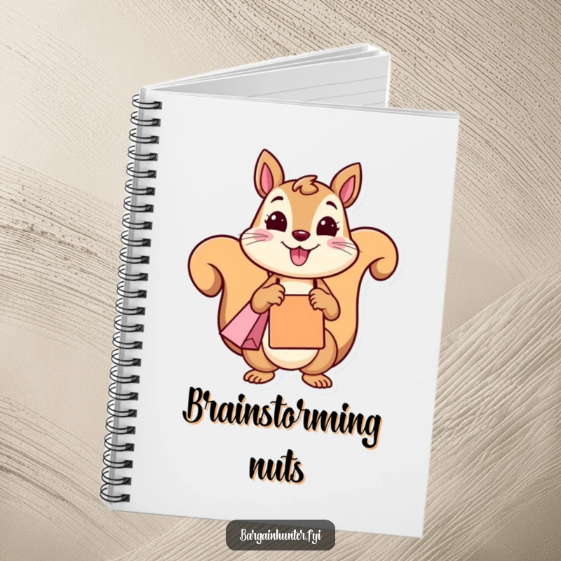 A funny squirrel smiling and holding a shopping bag on the cover of a delightful and funny notebook.