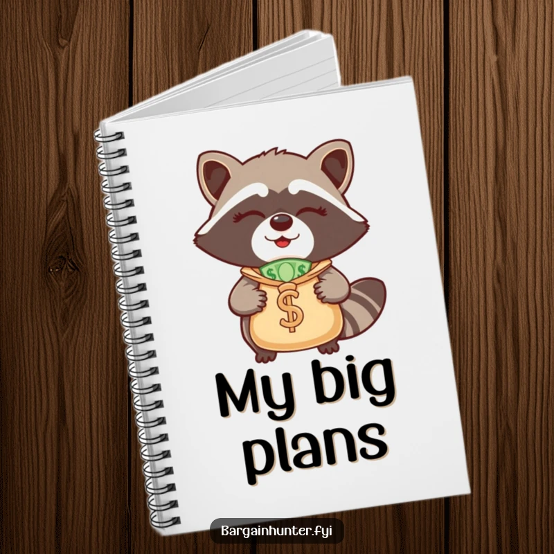 Funny Raccoon Notebook: A winking raccoon with a money bag, ideal for jotting down funny notes and brilliant plans.