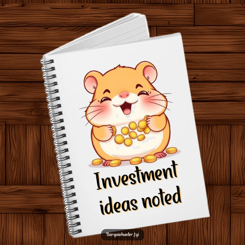 Funny Hamster Notebook: Smiling hamster with cheeks full of tiny gold coins, ideal for notes and financial planning.