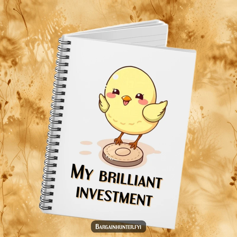 Funny bird notebook with a happy bird pecking a coin, ideal for jotting down notes, ideas, and lucky thoughts.
