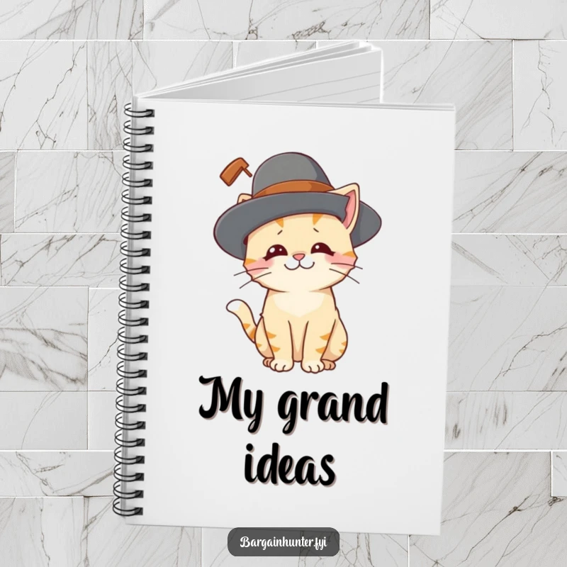 Funny cat notebook featuring a playful cat character looking amused while wearing an oversized hat, ideal for jotting down notes.