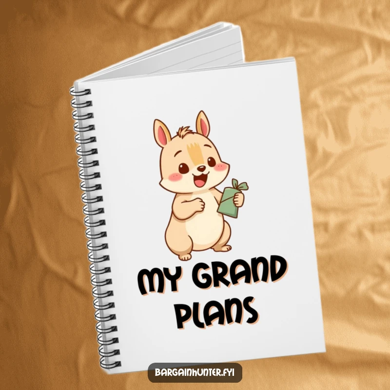 Funny squirrel notebook featuring a happy squirrel character excitedly exchanging a small item for a larger one, ideal for jotting down ideas.
