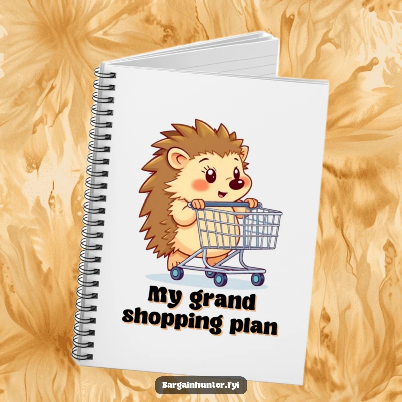 Funny hedgehog pushing an oversized shopping cart on a blank notebook, perfect for notes and doodles.