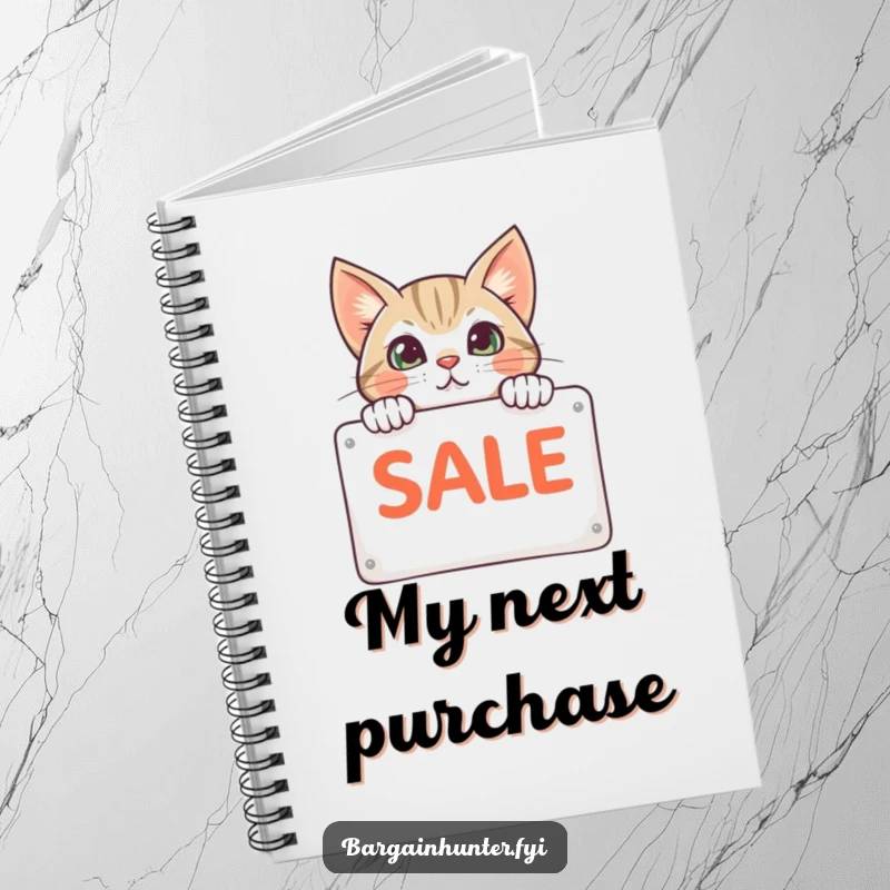 Funny cat peeking from behind a sale sign on a notebook, perfect for jotting notes or shopping lists with feline flair.