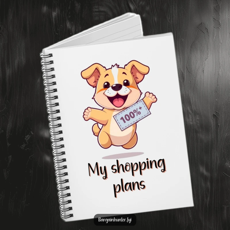 Funny, happy dog wearing a discount coupon, leaping with excitement, on the cover of a notebook, designed for humorous note-taking.