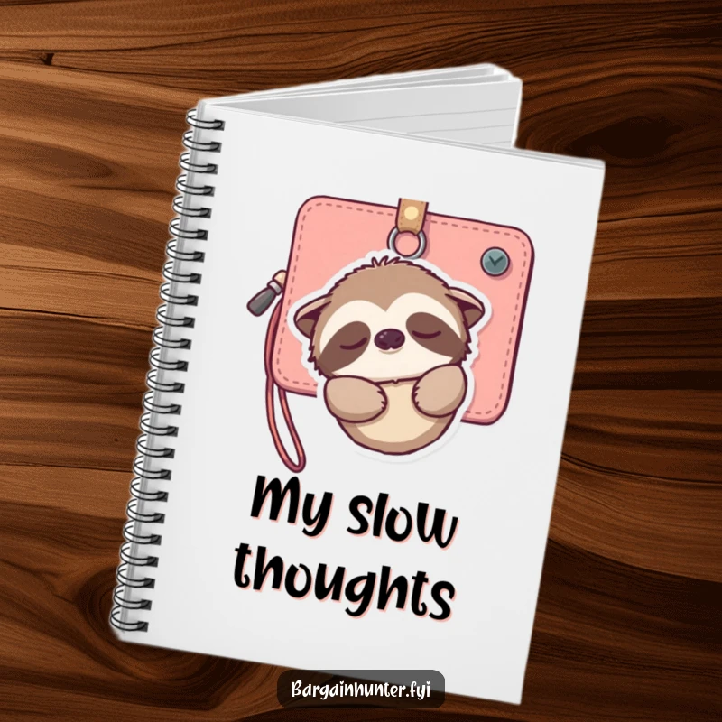 Funny notebook cover with a sleepy sloth hanging from a wallet, smiling gently, inspiring creativity and a love for peaceful moments.