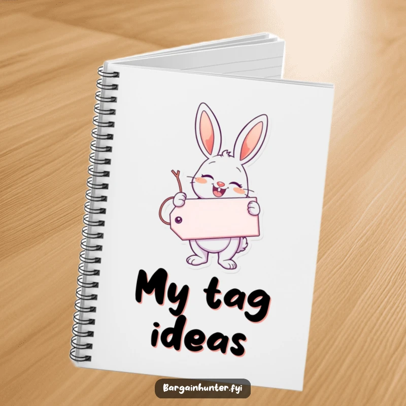 Funny Enthusiastic Bunny Notebook featuring a bunny holding a giant tag with a smile, ideal for jotting down happy thoughts.