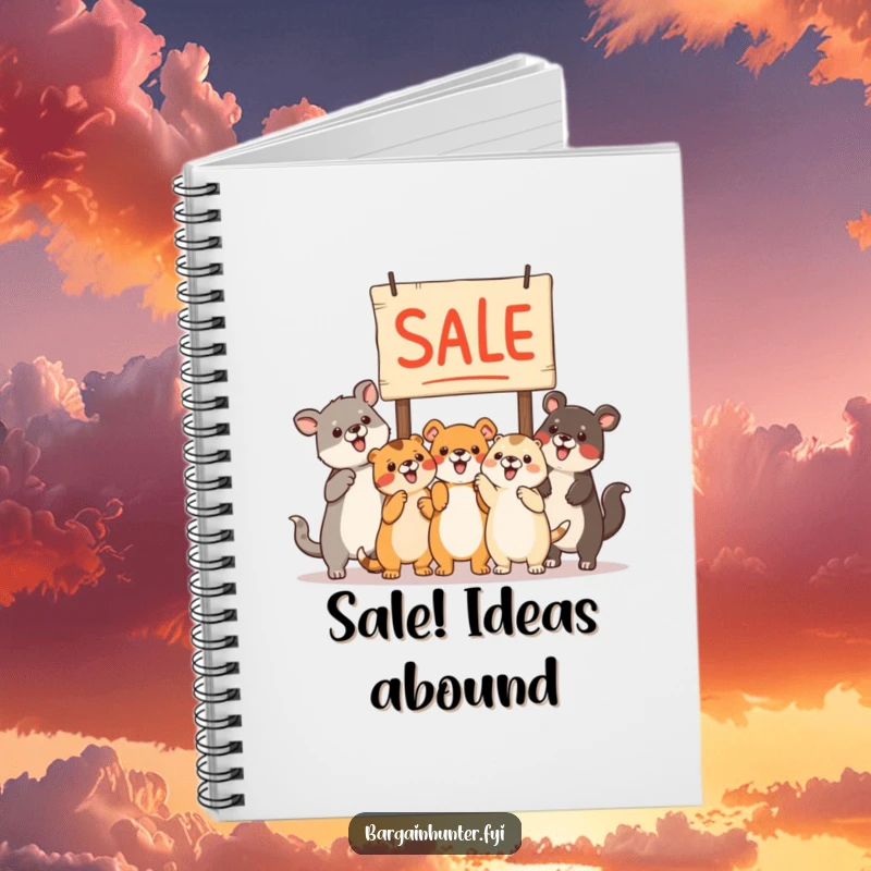 Funny animals pointing at a sale sign on a lined notebook, ideal for notes and lists.