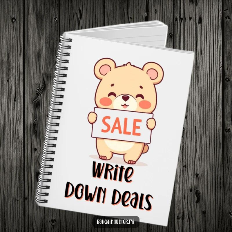 Funny notebook cover of a cheerful bear cub holding and waving a sale sign.
