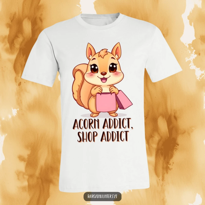 Funny Squirrel T-Shirt: A joyful squirrel with big eyes holds a shopping bag, celebrating a successful retail haul. Hilarious graphic tee for shoppers.