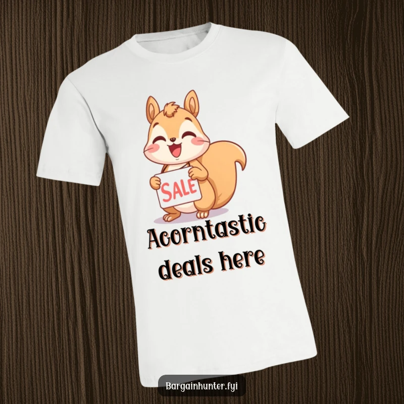 Funny squirrel t-shirt with a joyful character proudly displaying a sale tag, representing excitement for shopping and savings.