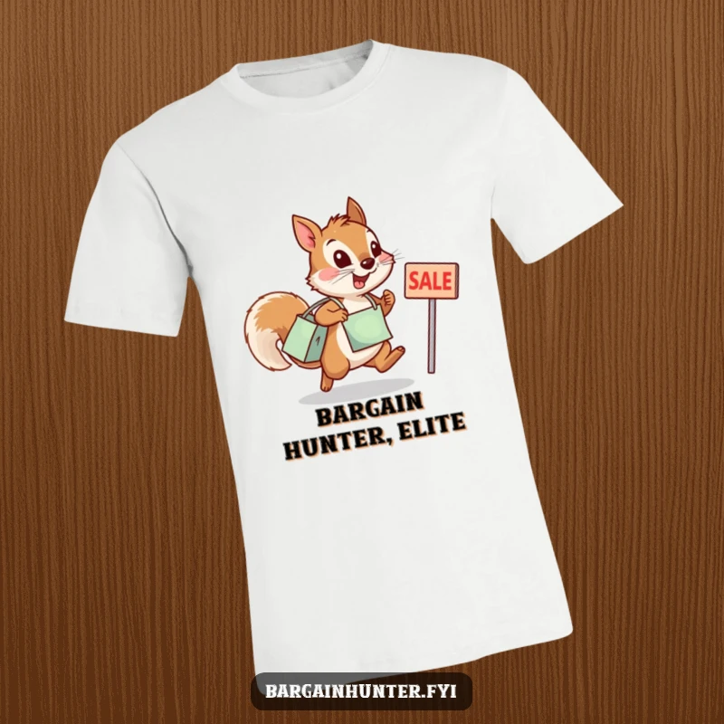 Funny squirrel t-shirt depicting a determined squirrel with a shopping bag leaping energetically towards a sale sign.