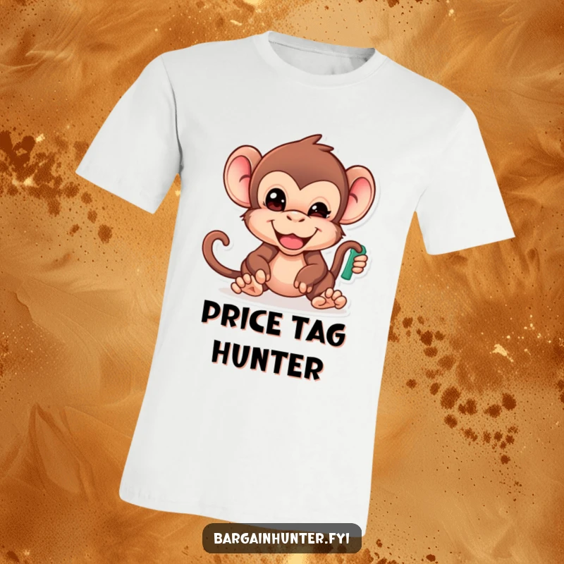 Funny Monkey T-Shirt: Cheeky primate with determined face reaching for the lowest priced item, showcasing bargain hunting.