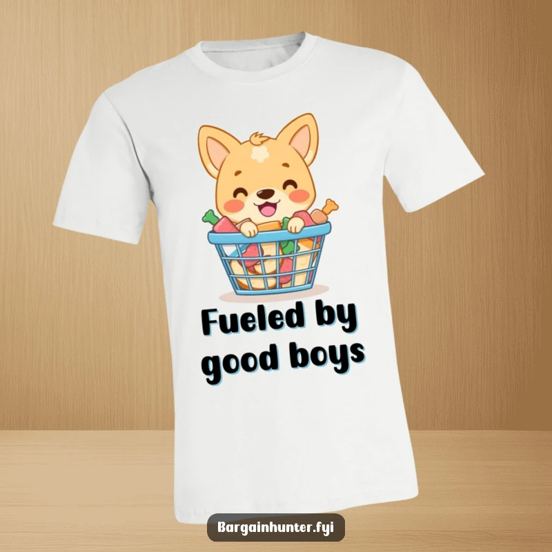 Funny t-shirt print featuring a smiling dog sitting happily beside a shopping basket packed with treats.