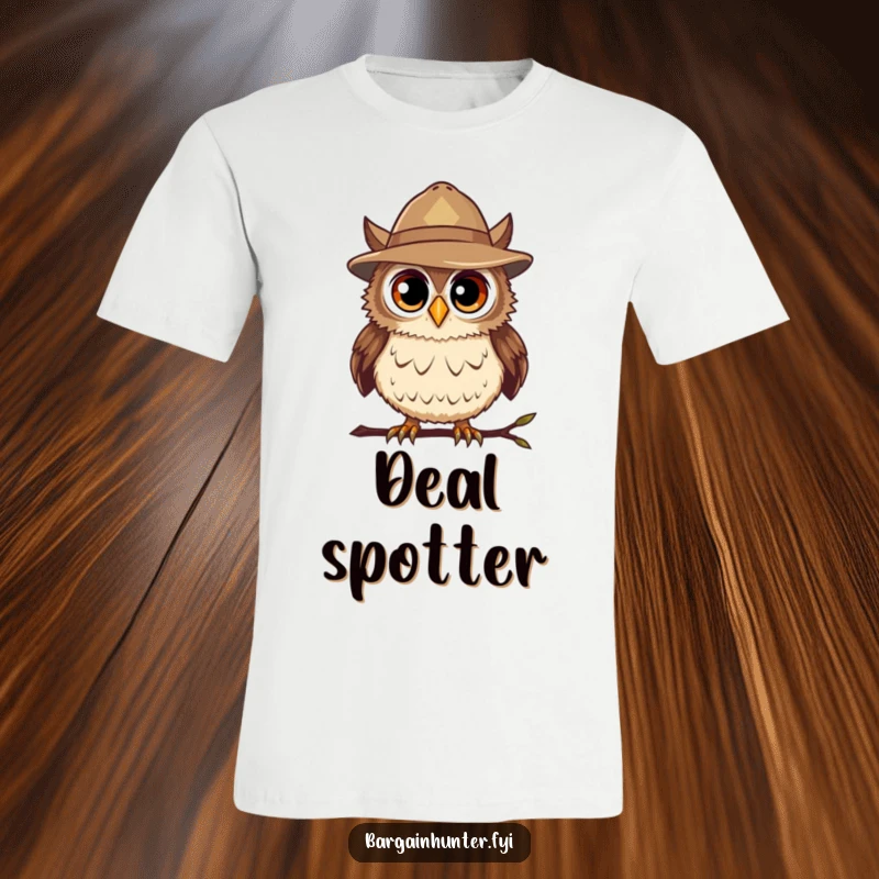 Funny Bargain Hunter Owl T-Shirt with a curious owl wearing a hat, highlighting its skill in spotting hidden deals.