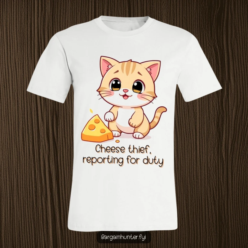 Funny Cat T-Shirt: Character cat with wide eyes, comically trying to steal a piece of cheese, perfect for snack lovers.