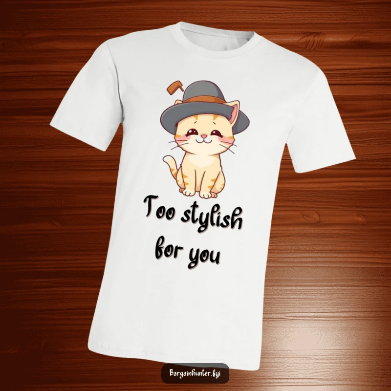 Funny cat t-shirt showcasing a playful cat character with an amused expression while wearing a comically large hat, emphasizing humor.