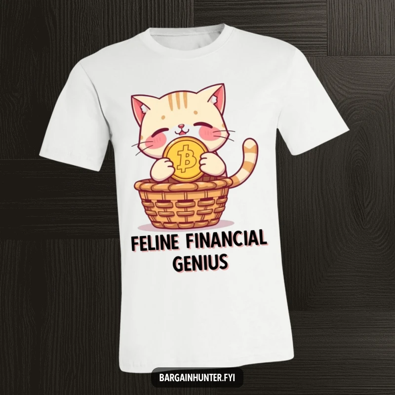 Funny t-shirt: a cat triumphantly holds a huge coin before diving towards a basket of riches.