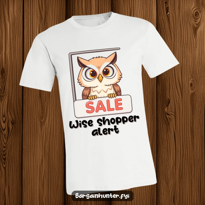Funny curious owl peeking into a sale ad on a comfortable t-shirt, perfect for casual, humorous wear.