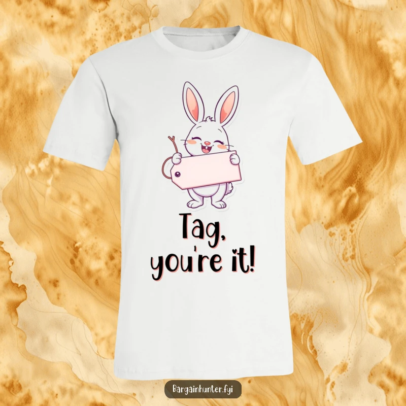 Funny Enthusiastic Bunny T-Shirt with a happy bunny holding a giant smile-filled tag, embodying pure joy and excitement.