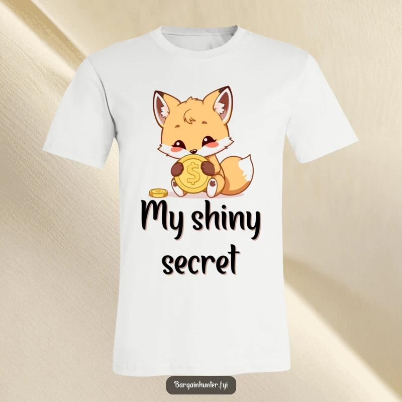 Funny t-shirt depicting a charming fox cub with a sly grin, hiding a glistening coin, capturing the essence of playful thievery.