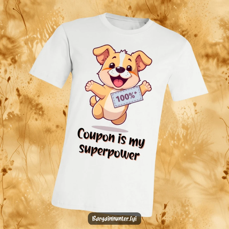 Funny, happy dog wearing a discount coupon, leaping with excitement, printed on a soft t-shirt, showcasing canine excitement and humor.