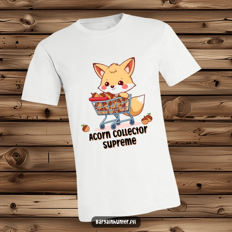 Funny happy fox with a shopping cart full of acorns, a cute and funny t-shirt for woodland enthusiasts.
