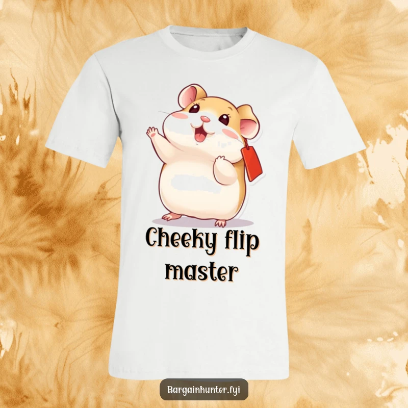 Funny playful hamster with a red ear tag, doing a dynamic flip, a funny t-shirt for active individuals.
